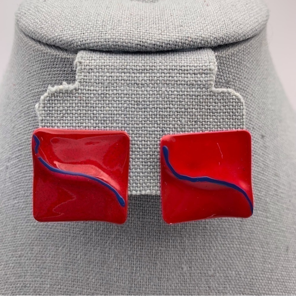 Vintage Retro 80s Red Square Stud Earrings Art to Wear Blue Swirl